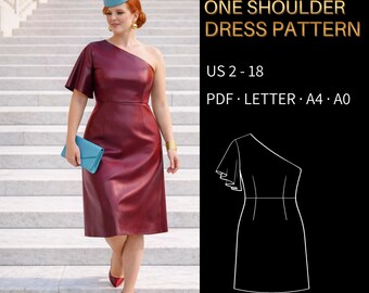 One Shoulder Dress Pattern 0012 | Asymmetric Neckline with Flared Sleeve | US 2–18, US LETTER, A4 & A0