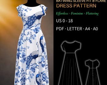 Batwing Sleeve Fit & Flare Dress Sewing Pattern 0051 – Verified Fit | Soft Flared Dress with Boat Neck | PDF Sewing Pattern US 0–18