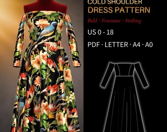 Cold Shoulder Dress Pattern 0011 - Verified Fit | Fit and Flare, Off Shoulder | US 0-18, PDF US Letter, A4 & A0