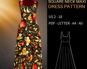 Square Neck Dress Pattern 0033 - Verified Fit | Sleeveless, Maxi Length, US 2–18, PDF US Letter, A0 & A4
