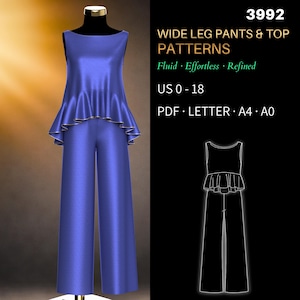 Wide Leg Pants Set Pattern 3992 - Boat Neck Top and Elasticated Waist Trousers | Verified Fit, US 0-18, PDF US Letter, A4 & A0