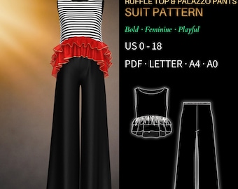 Ruffle Tunic & Palazzo Pants Pattern Set 3999 –Verified Fit | Double Ruffle Hem Top, Elasticated Waist Trousers | PDF Sewing Pattern US 0–18