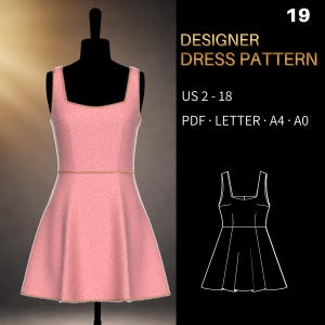 Cartamodello per abito firmato 0019 - Vestibilità verificata / Mini abito senza maniche con scollo quadrato e finiture couture / Taglie US 2–18, US LETTER, A4 e A0