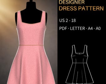 Designer Dress Pattern 0019 - Verified Fit | Sleeveless Square-Neck Mini with Couture Trim | US 2–18, US LETTER, A4 & A0