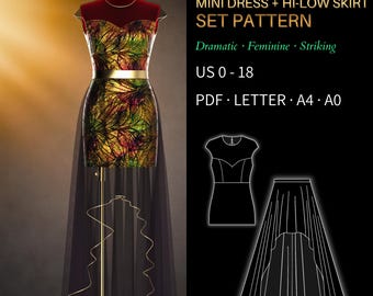Mini Dress & Skirt Sewing Pattern 3995 - Verified Fit | Illusion Yoke, Open Back, Sheer Hi-Low Skirt Set, Evening Dress PDF US 0–18