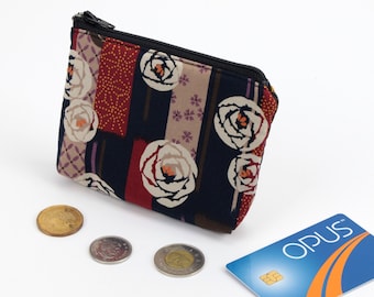 Mother's Day Gift Idea, Coin Wallet, Gift For Her, Kimono Cotton Fabric Roses Navy