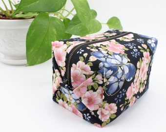 Boxy Pouch, Makeup Storage Box, Box Pouch, Toiletry Bag, Cherry Blossoms Black