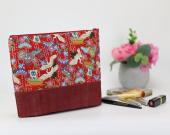 ArtisanMade pouch, JapaneseInspired pouch, Handcrafted pouch, Tsuru, Crane, Red