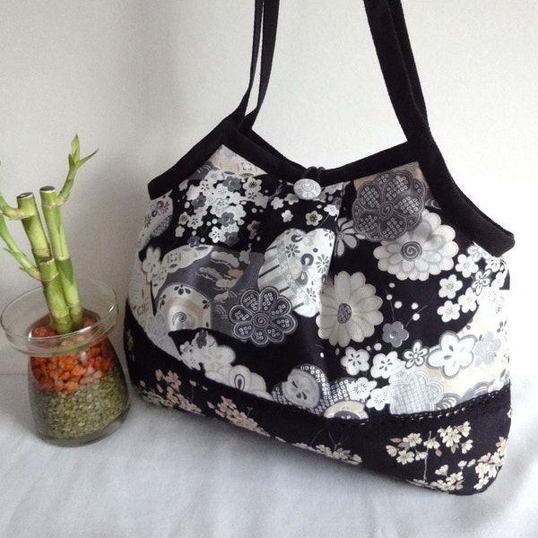 FREE SHIPPING Kimono Purse Gift idea for her Granny bag purse Kimono Cotton Fabric  pine, bamboo and plum black and white