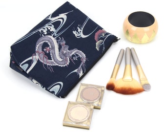 Dragon Cosmetic Pouch, Zippered Medium Pouch, Gift For Her, Travel Pouch, Navy