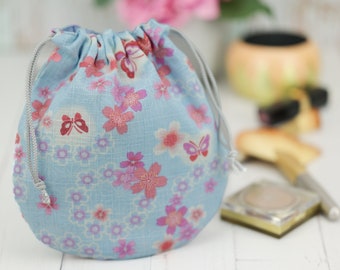Cotton Fabric Drawstring Bag, Bridesmaids Gift, Japanese Kimono Pouch, Butterfly, Blue