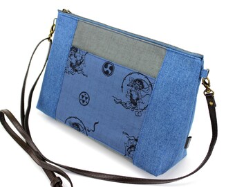 small kimono bag, crossbody bags, simple bag, cotton bag, Fujin Raijin Blue