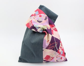 Japanese wrist bag, Knot bag, Gift for Mom, Flowers Purple