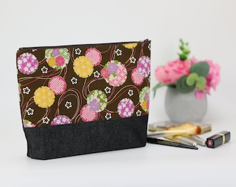 Large Cosmetic Pouch, Zippered Travel Pouch, Makeup Pouch, Crysanthemum Brown