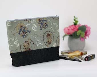 Large Travel Pouch, KImono Cosmetic Bag, Great Gift Idea, Fujin Raijin the Japanese gods of thunder and wind,