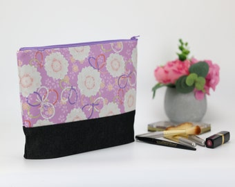 Large Travel Pouch, KImono Cosmetic Bag, Great Gift Idea, Sakura, Cherry Blossoms Purple