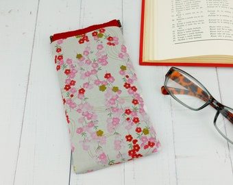 Fabric Glasses Case, Glasses Sleeve, Padded Glasses Case, Cherry Blossoms, White