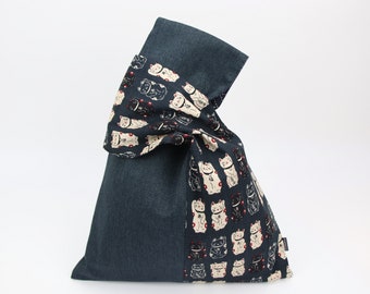 Kimono Knot bag, Japanese fabric bag, Kimono daily bag, wristlet bag, Happy Cats Dark Navy