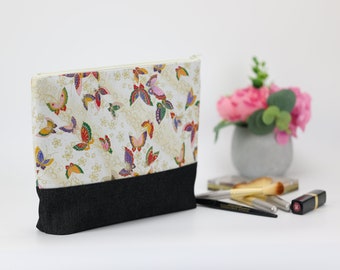 Large Travel Pouch, KImono Cosmetic Bag, Great Gift Idea, Butterfly, White