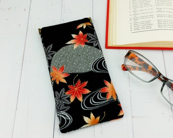 Fabric Glasses Case, Glasses Sleeve, Padded Glasses Case, Maple Leaves, Black