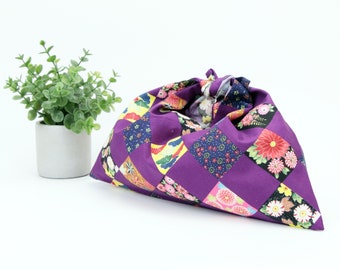 Origami Bag, Azuma Handbag, Japanese lunch bag, Reusable lunch bag, Purple Plaid Flowers