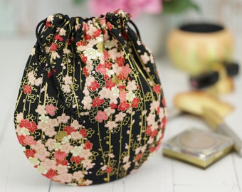 Cotton Fabric Drawstring Bag, Bridesmaids Gift, Japanese Kimono Pouch, Cherry Blossoms, Black