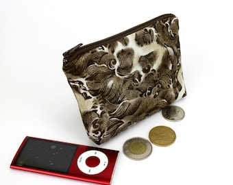 Dragon Lip Balm Pouch, Business Card Holder, Coin Purse Kimono Cotton Fabric, Brown