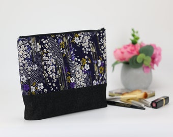 Large Travel Pouch, KImono Cosmetic Bag, Great Gift Idea, Sakura, Cherry Blossoms, Dark Navy