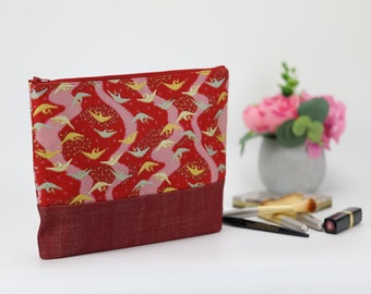 Large Travel Pouch, KImono Cosmetic Bag, Great Gift Idea, Tsuru, Crane, Red