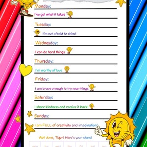 Tabla imprimible de tareas semanales y afirmaciones / Lista de tareas coloridas para niños con conjunto a juego