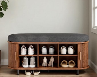 Shoe Storage Bench 43” – 3-Tier Wooden Entryway Organizer with Cushion