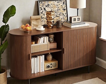 Fluted Wood Sideboard with Storage – 55” Buffet Console Table for Modern Living Spaces