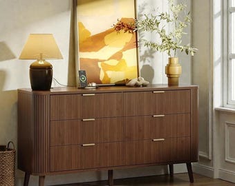 Fluted 6 Drawer Dresser Mid Century Wood TV Stand