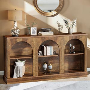 Mesa de console estilo fazenda, mesa de entrada com espaço de armazenamento para sofá, madeira.