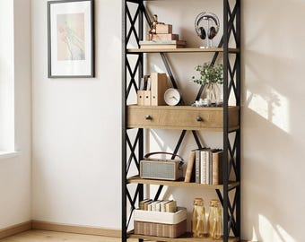 Bookshelf with Drawers Tall Industrial Bookcase Storage Shelf