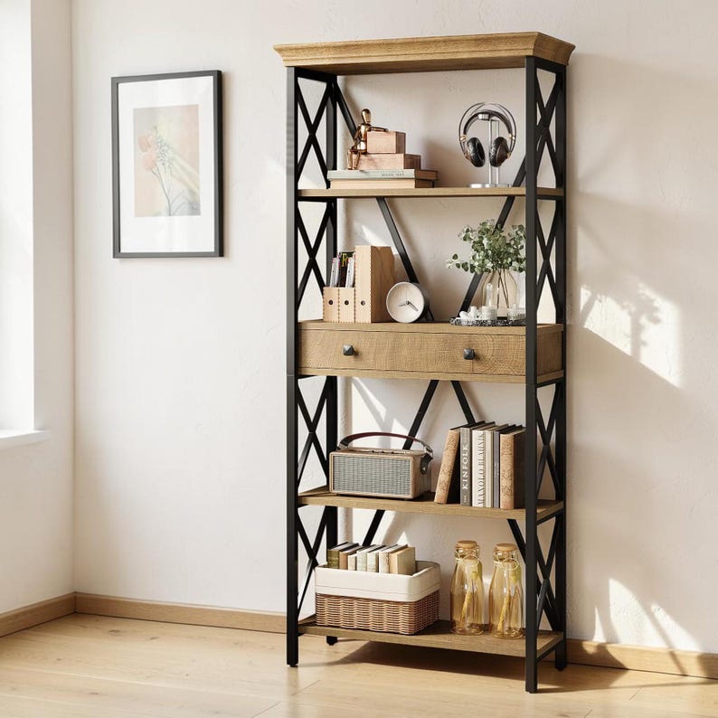 Bookshelf With Drawers Tall Industrial Bookcase Storage Shelf - Etsy