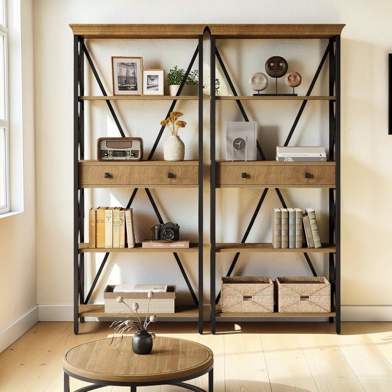 Bookshelf With Drawers Tall Industrial Bookcase Storage Shelf - Etsy