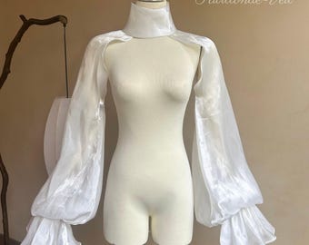 Shimmer Organza Removable Neck Collar Puff Flare Sleeve Bolero, Bridal Arm Shrug