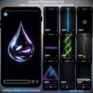 Könnte beinhalten: Eine Sammlung von Handy-Hintergründen mit Cyber-Minimalismus-Thema. Die Designs zeigen Neonlinien, geometrische Formen und einen Wassertropfen. Der Text auf dem Bild lautet "Neural Minimalism v1.0", "Cyber Essentials - Phone Wallpaper Bundle", "Multiple Mobile Sizes Included", und "SYSTEM".
