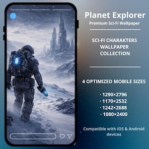 Pode incluir: Um ecrã de telemóvel mostra um papel de parede de ficção científica. A imagem apresenta um explorador futurista numa paisagem nevada, com uma estrutura imponente ao fundo. O texto diz "Planet Explorer" e "SCI-FI CHARAKTERS WALLPAPER COLLECTION."