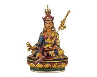 9-Inch Padmasambhava, Buddhist Handmade Statue, Thangka Color Finishing, Partly Gold Plated