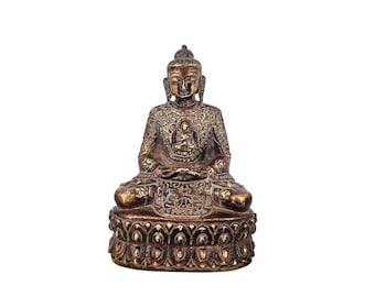 6-Inch Amitabha Buddha, Japanese Statue Handmade, Antique Finish With Life Story Engraving, Antique Finishing