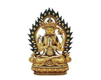 4-Zoll-Chenrezig, buddhistische Miniaturstatue, teilweise vergoldetes Finish, Thangka-Farbfinish, handgemaltes Gesicht