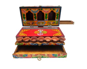10Inch Buddhist Handmade Wooden Traveling Altar Box, Foldable, Double Dorje Design, Traditional Color Painted