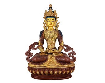 8-Zoll-Aparimita, buddhistische handgemachte Statue, teilweise vergoldet, Gesicht bemalt
