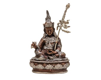 5-Inch Padmasambhava, Buddhist Miniature Statue, Silver And Chocolate Oxidized