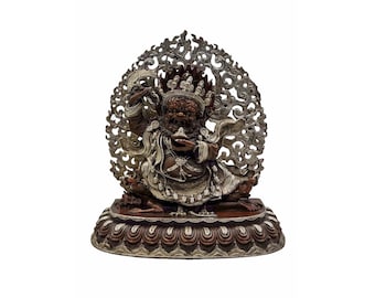 4-Inch Vajrapani Or Chana Dorje, Buddhist Miniature Statue, Silver And Chocolate Oxidized