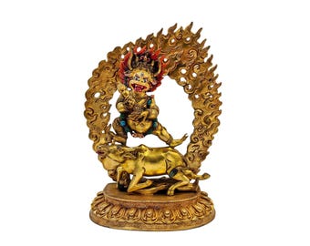 11-Inch Yamantaka, Buddhist Handmade Statue, Full Gold Plated, Face Paint