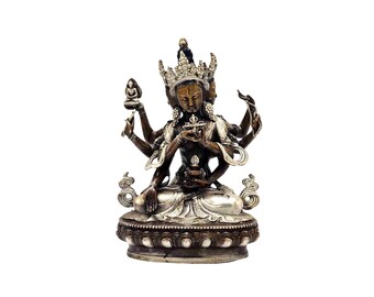 4-Zoll Namgyalma, buddhistische Miniaturstatue, Silber und Schokolade oxidiert
