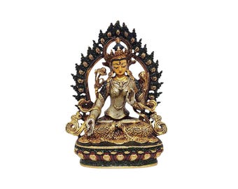 4-Inch White Tara, Buddhist Miniature Statue, Thangka Color Finishing, Face Painted